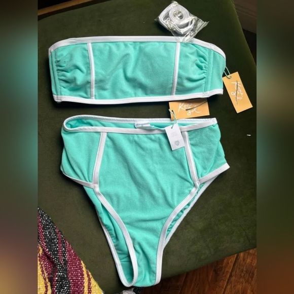 Kono Sol Terry Cloth Turquoise/White Bikini Swim Set, Removable Straps NWT XL - Picture 6 of 9